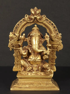 Brass Ganesha Maharaj statue with raised hands on ornate base