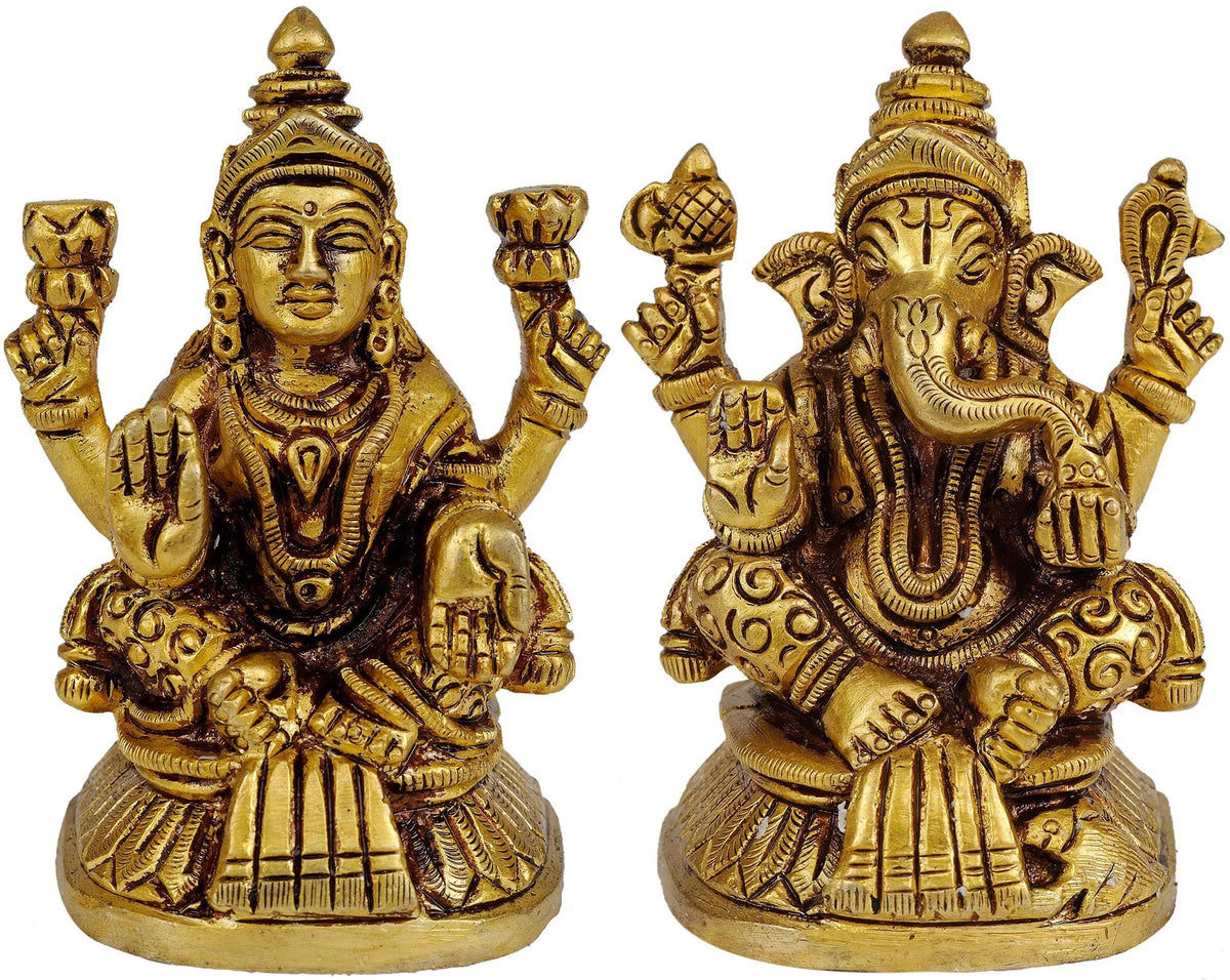 Brass Ganesh and Lakshmi 3-inch statue, seated with raised hands, gold finish
