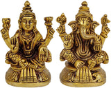 Brass Ganesh and Lakshmi 3-inch statue, seated with raised hands, gold finish