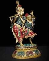 Brass Radha and Krishna engaged dance figurine, jeweled inlay details, 16 in