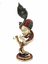 Brass Krishna flute figure in ornate inlay, seated pose, 20 in