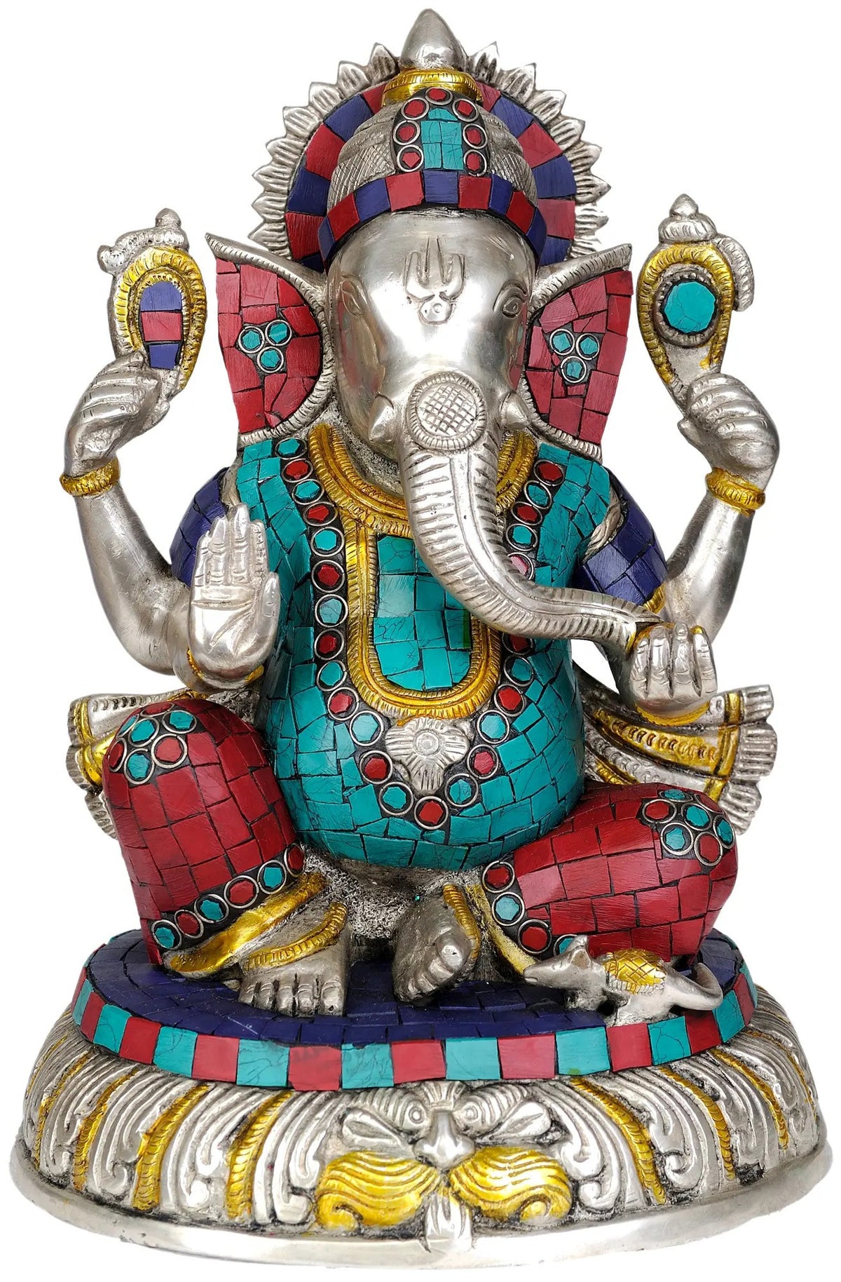 Brass Ganesh idol 11 in with multicolor inlay, seated with hands raised blessing