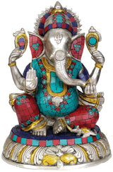 Brass Ganesh idol 11 in with multicolor inlay, seated with hands raised blessing