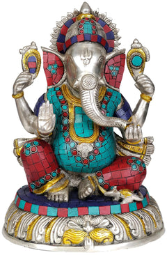 Brass Ganesh idol 11 in with multicolor inlay, seated with hands raised blessing