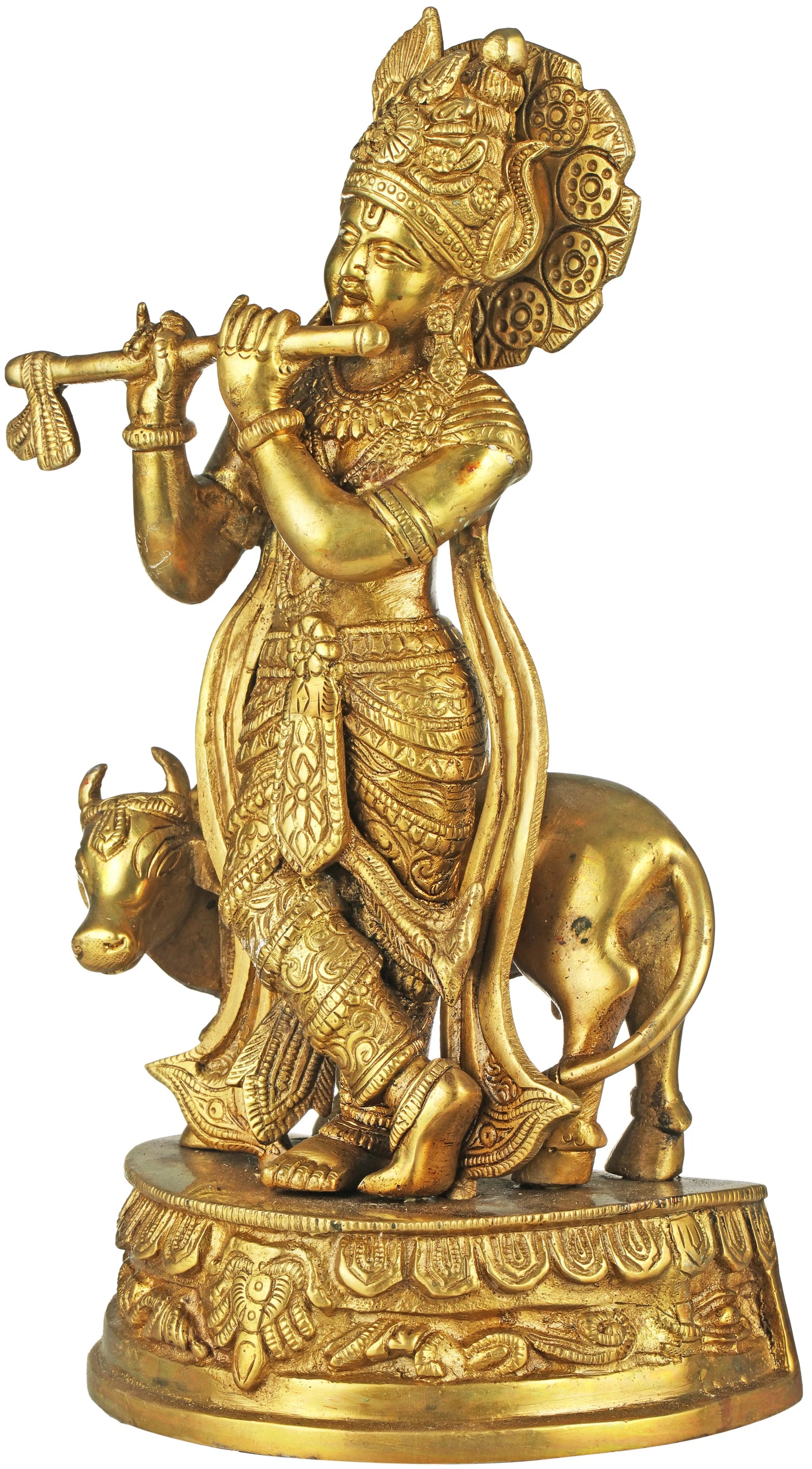 Handmade Brass Statue of Venugopala (Fluting Krishna with His Cow) 12 inches