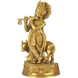 Brass Venugopala statue, fluting Krishna with cow, ornate figure on round base