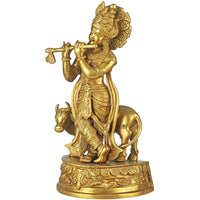 Brass Venugopala statue, fluting Krishna with cow, ornate figure on round base