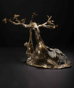 Bronze Bal Krishna idol swing sculpture, tree-branch style frame and hanging chains