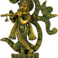 Greenish Gold Handmade Brass Statue of Krishna Playing the Flute Against an Om Backdrop 8 Inches