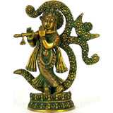 Handcrafted brass Krishna flute statue, greenish-gold, with Om emblem