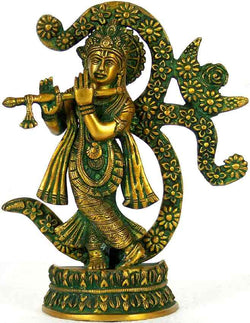 Greenish Gold Handmade Brass Statue of Krishna Playing the Flute Against an Om Backdrop 8 Inches