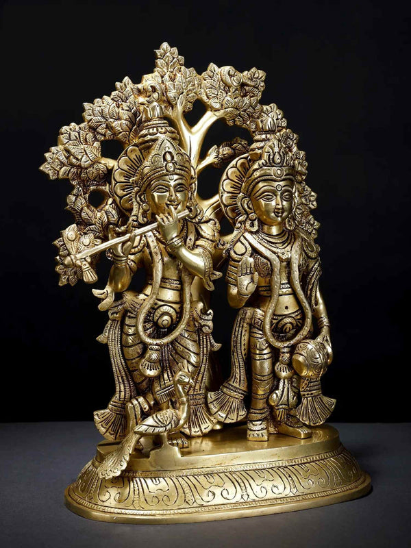 Brass Statue of Standing Radha and Krishna Under the Tree 13 Inches