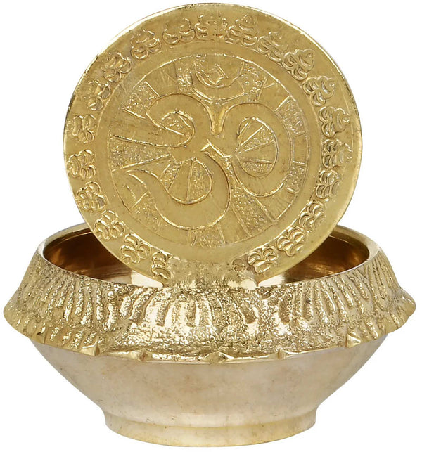 Brass Small Puja Diya (Lamp) with Throne Ganesha 2 inches