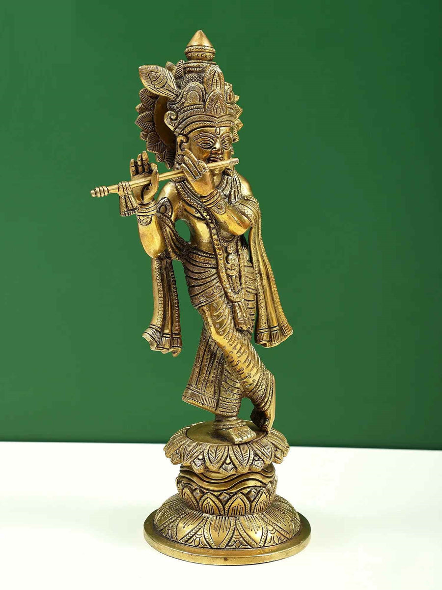 Brass Statue of Standing Krishna Playing the Flute 12 inches Craft Detail
