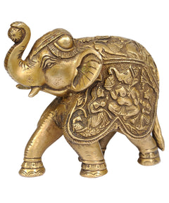 Brass elephant figurine with upraised trunk, carved Ganesh and Riddhi Siddhi details
