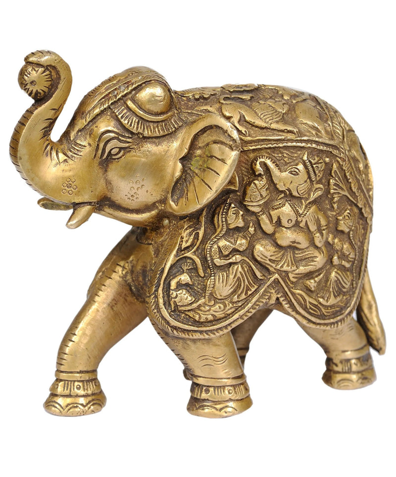 Brass Elephant with Upraised Trunk Carved with ganesh and ridhi sidhi 5 inches