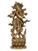 Handmade natural brass Krishna idol playing flute, ornate standing figure with crown