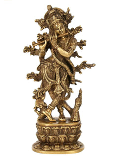 Handmade natural brass Krishna idol playing flute, ornate standing figure with crown