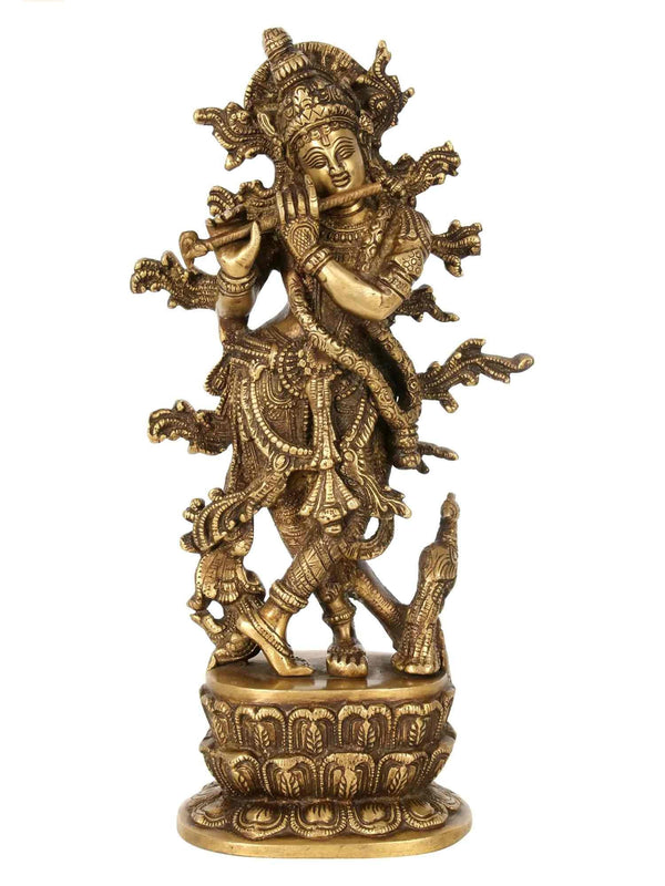 Handmade Natural Brass Sculpture of Lord Krishna Idol Playing Flute 12 inches