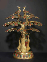 Brass Kadamba tree statue: Shri Krishna flute figure with jeweled peacock wings inlay