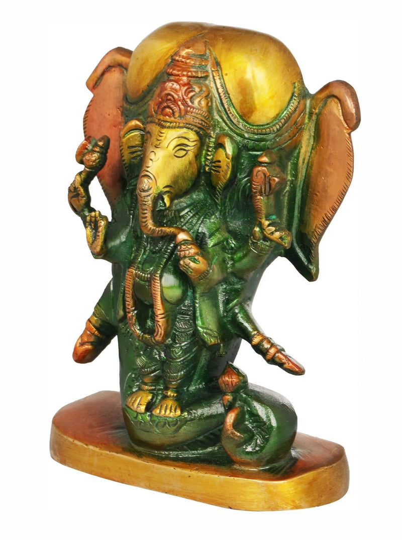 Brass Lord Ganesha Idol with an Elephant Head Backdrop 5 inches