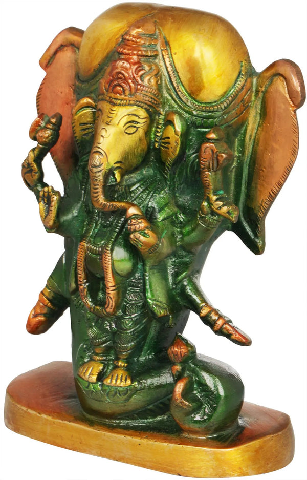 Brass Lord Ganesha Idol with an Elephant Head Backdrop 5 inches