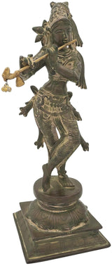 Antique green brass Lord Krishna flute statue, standing full view on square base