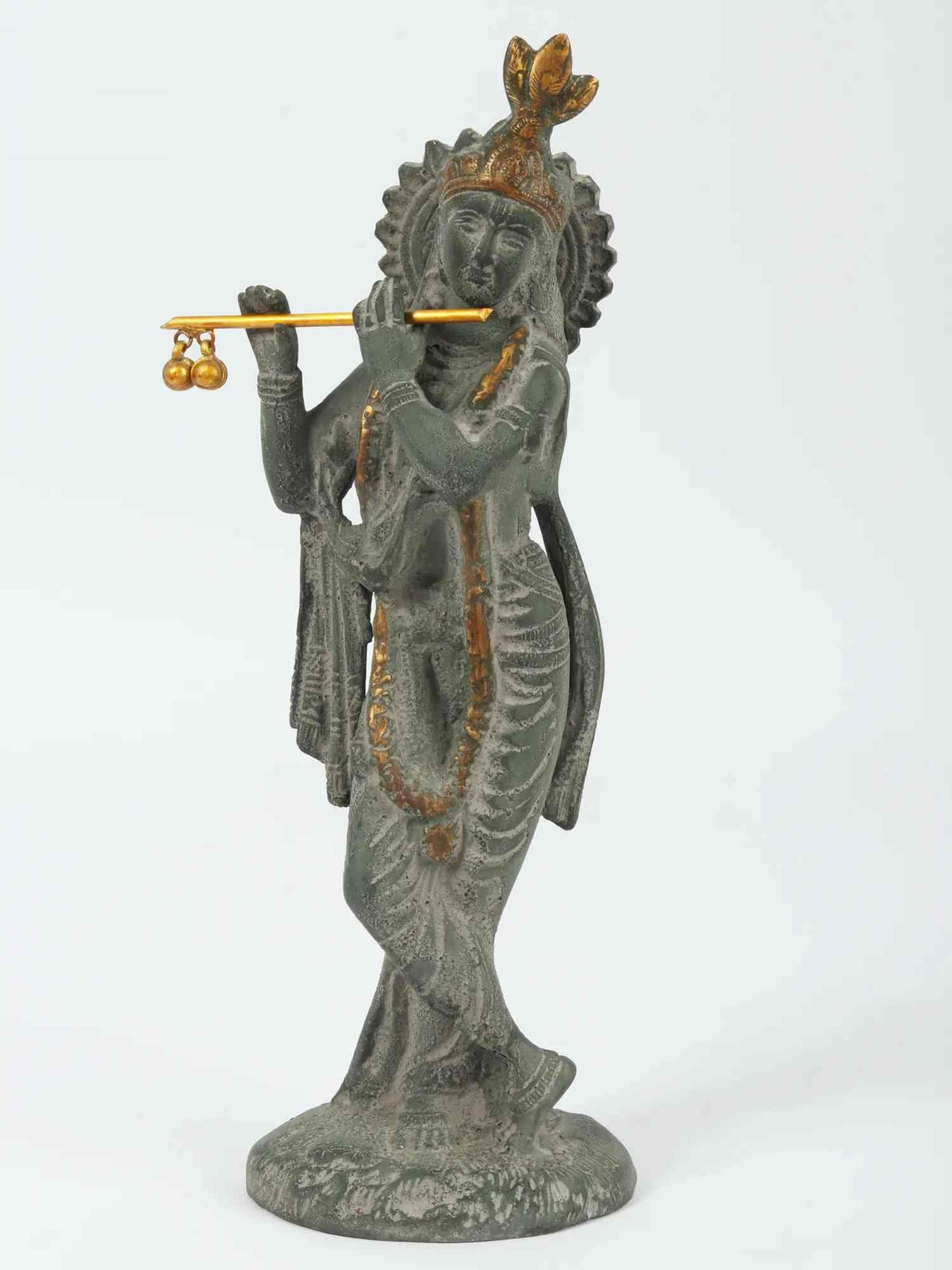 Handcrafted green patina brass Krishna statue playing flute, golden accents, 9 in
