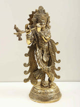 Brass Lord Krishna playing flute, detailed draped attire and crown; 13-inch