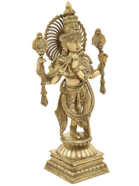 Handmade brass Krishna fluting avatar statue, 24 in, side view with halo
