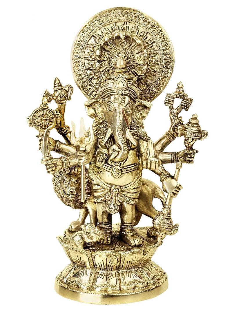 Brass Statue of Ashtabhuja Simha Ganesha with Serpent Aureole 11 inches