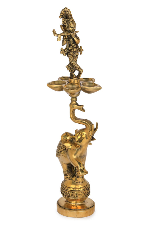 Handmade Brass Lamp of Lord Krishna on the Tusk of an Acrobatic Elephant 17 Inches