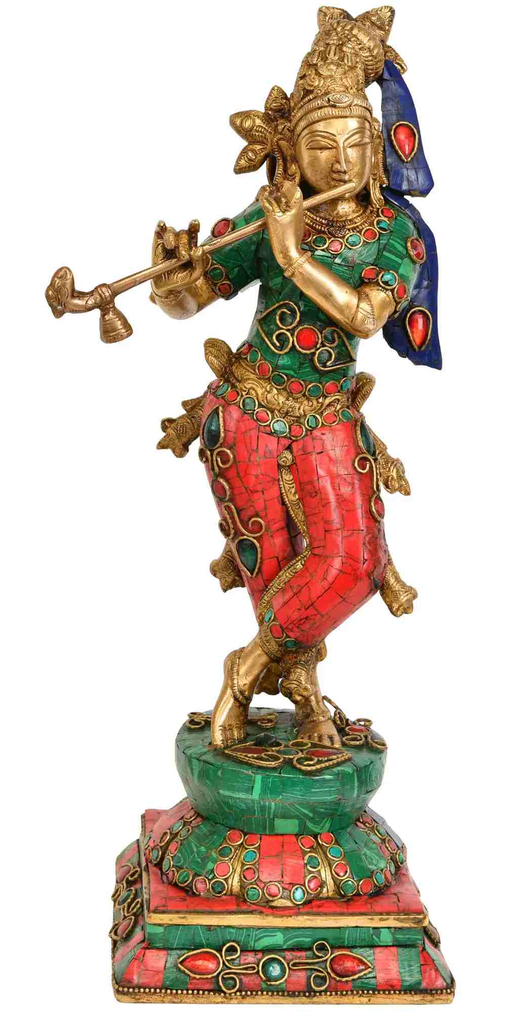 Brass Statue of Lord Krishna Playing the Flute 14 Inches