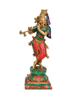 Brass Krishna statue playing flute, red and green jeweled outfit, 14 in