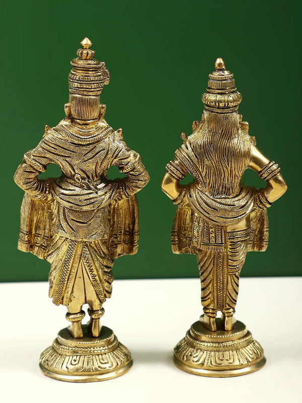 Brass Statue of Lord Vitthal and Goddess Rukmini on Pedestal 8 inches Study Setting