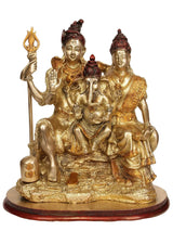 Brass Shiva-Parvati-Ganesha statue with trident, seated figures on round base