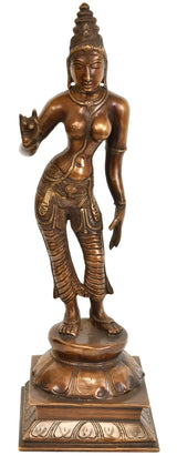Brass goddess idol standing with raised hand, detailed ornaments, 11-inch