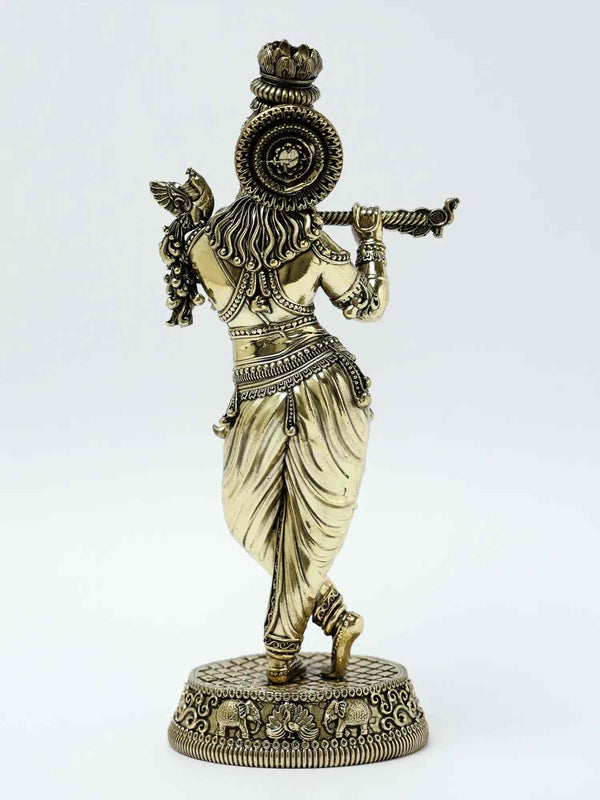 Exquisite Brass Statue of Lord Krishna Playing the Flute 9 inches Study Setting