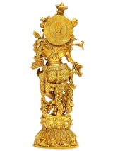 Handmade brass Shri Krishna statue with large circular back disc and detailed ornaments