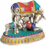 Brass baby Krishna drinking milk statue on decorated base with multiple cow figures
