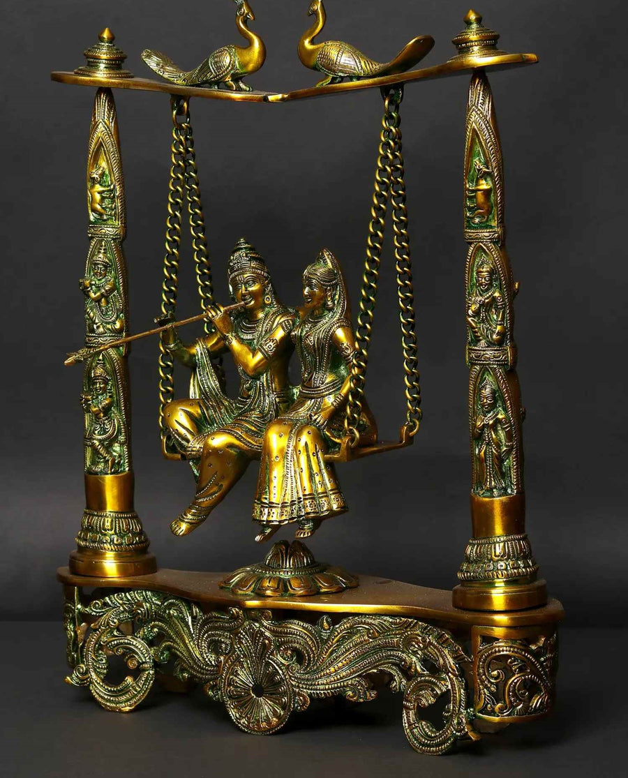 Greenish Gold Brass Statue of Radha Krishna on a Peacock Swing 18 Inches Craft Detail