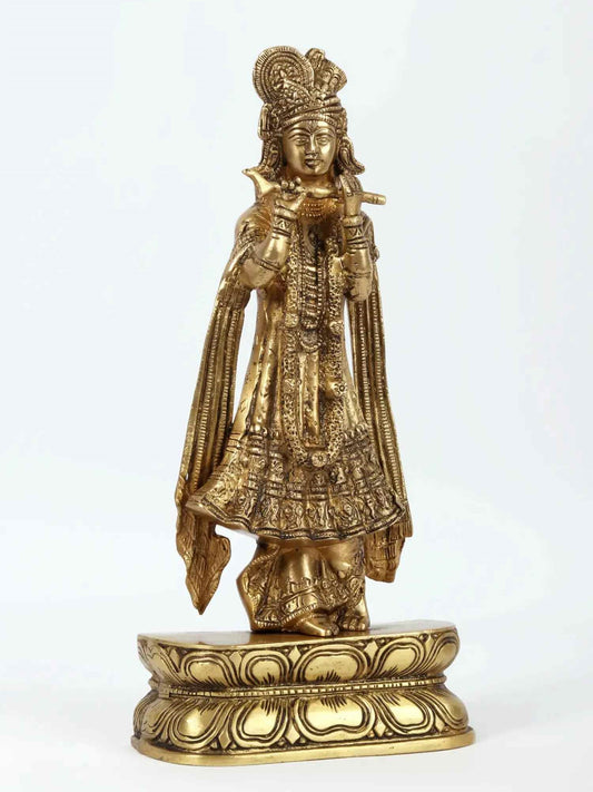 Brass statue of Krishna Gopala traditionally dressed and playing the flute 13 Inches