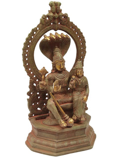 Antique brass Vishnu statue with Lakshmi beside, arched halo and pedestal base, 10-inch