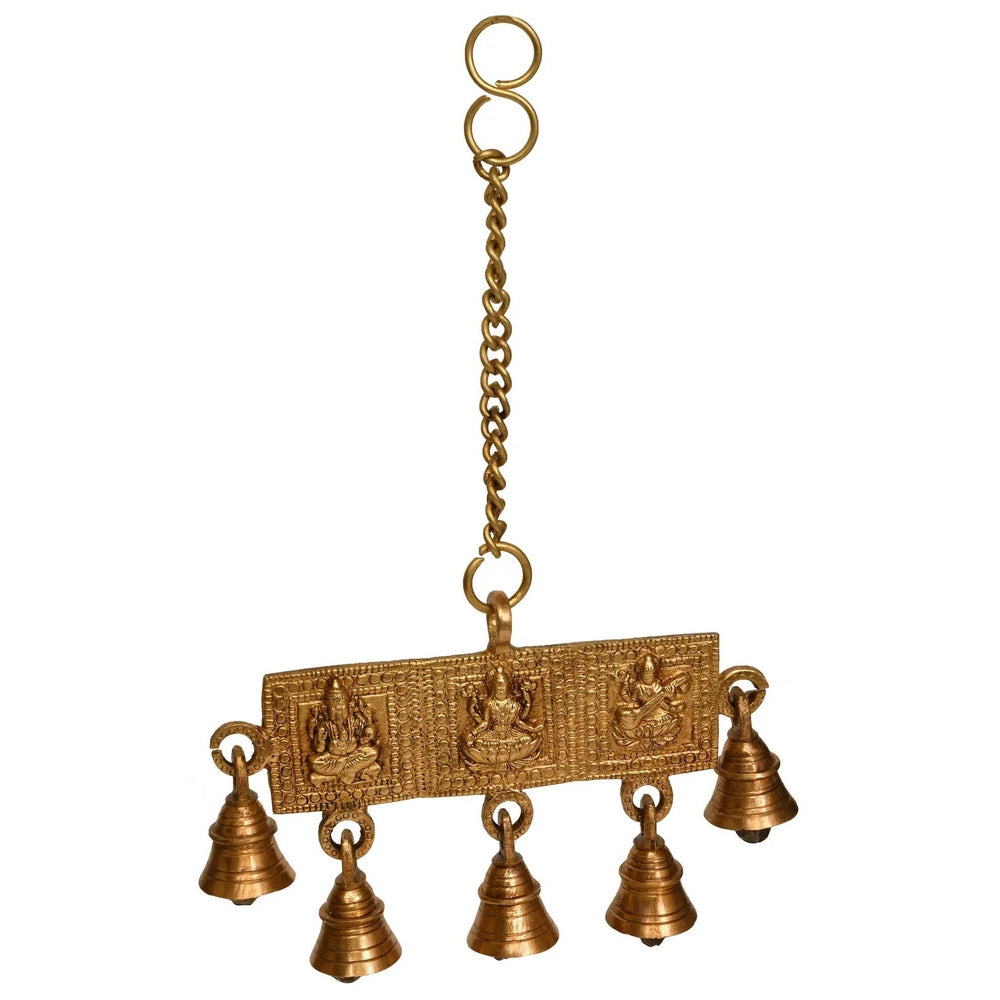 Brass hanging bells with Lakshmi, Ganesha, Saraswati panels and five dangling bells