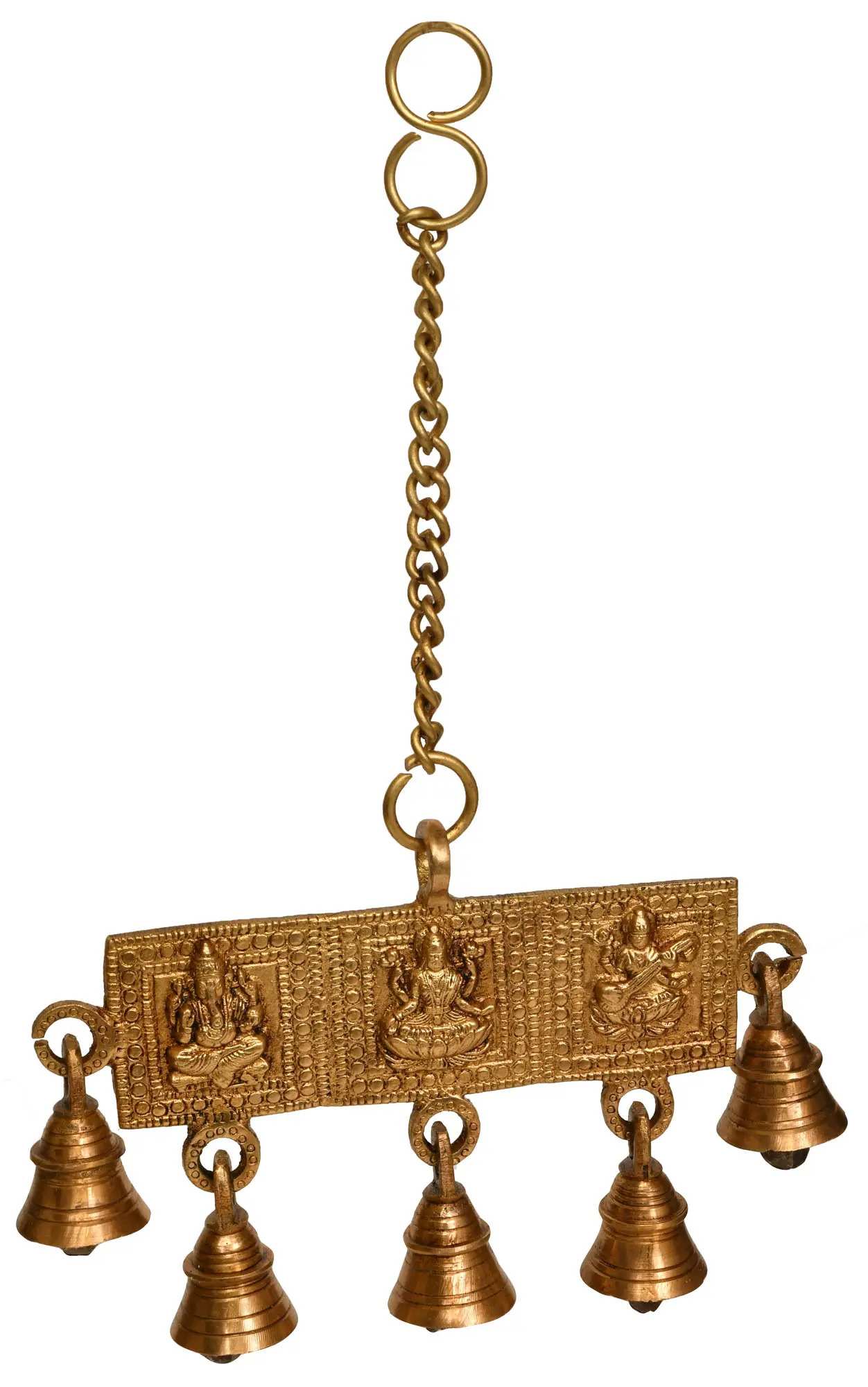 Brass Hanging Bells Featuring Lakshmi, Ganesha, and Saraswati