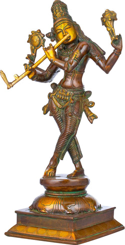 Double chala Handmade Brass Statue Depicting Lord Krishna's Cosmic Form, the Eighth Incarnation of Vishnu 14 inches