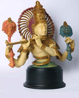 Brass Krishna bust with rainbow fan halo, four arms, holding flute on base