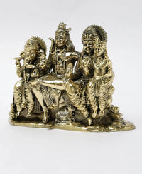 Brass Lord Shiva family statue, 5 in, sitting poses with halo-like crowns and ornaments.