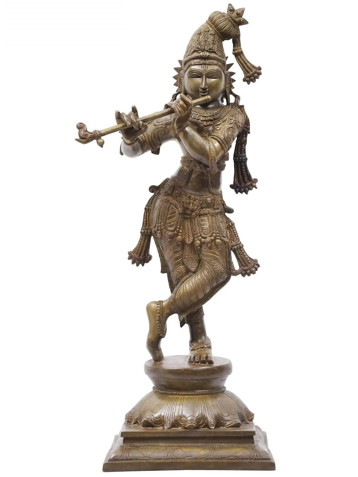 AONA Krishna flute brass statue on pedestal, 23 inch, tribhanga pose