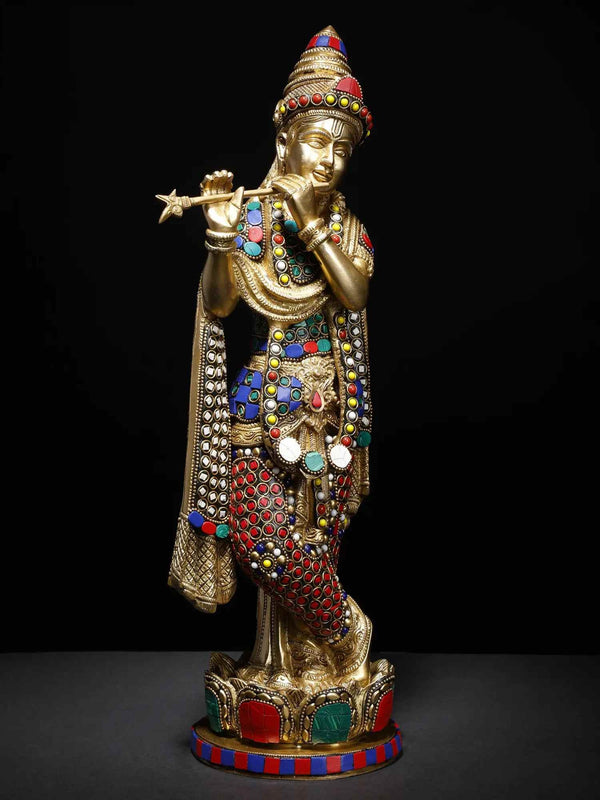 Lord Krishna Playing Flute on a Lotus Pedestal 17 Inches Entryway Setting